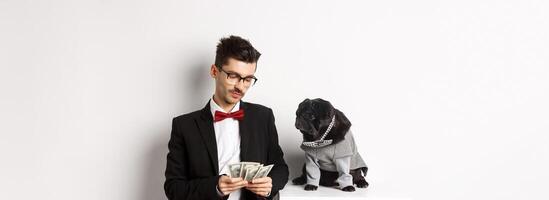Handsome young man in suit standing near black pug in costume and counting money, working on parties, posing over white background photo