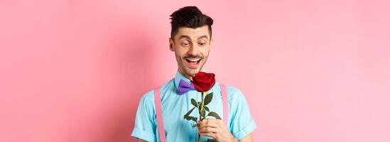 Valentines day and romance concept. Happy boyfriend looking at red rose while waiting for lover in bow-tie, standing on pink romantic background photo