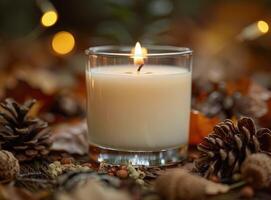 Candle Burning in Autumn Woods photo