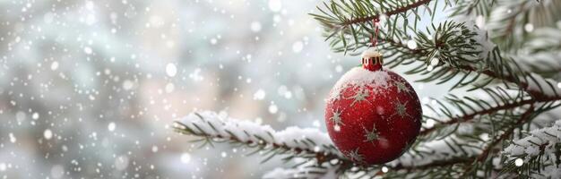 Red Ornament in Snowy Forest photo