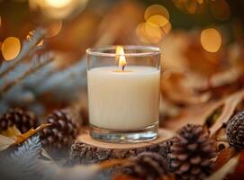 Candle Burning in Autumn Woods photo