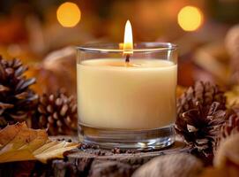 Candle Burning in Autumn Woods photo