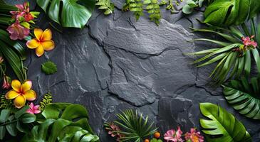 Tropical Flowers and Foliage Arranged on a Black Slate Background photo