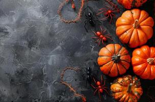 Orange Pumpkins and Black Spiders on Dark Grey Background for Halloween photo