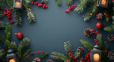 Christmas Decor With Lanterns and Pine Branches photo