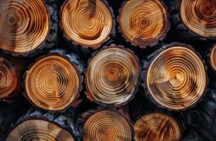Close Up View of Stacked Tree Logs With Visible Growth Rings photo