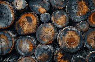 Close-Up View of Stacked Tree Trunk Cross Sections photo