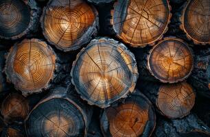 Close-Up View of Stacked Tree Trunk Cross Sections photo
