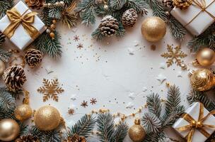 Gold Christmas Gifts and Evergreen Branches on Snowy White Background photo