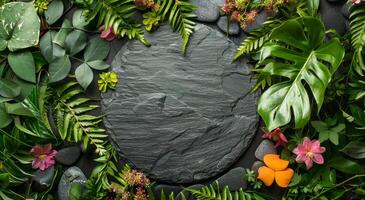 Round Black Slate Stone Surrounded by Tropical Greenery and Flowers photo