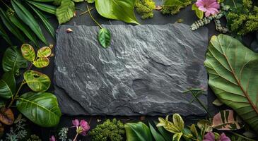 Tropical Leaves and Flowers Arranged on a Black Stone photo