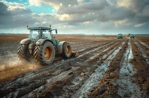 Two Tractors Plowing a Field Under a Cloudy Sky photo