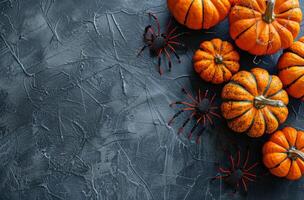 Orange Pumpkins, Fall Leaves, and Spiders on a Dark Gray Background photo