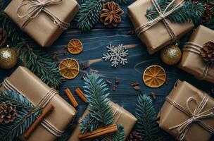Rustic Brown Paper Wrapped Gifts Decorated With Dried Orange Slices, Cinnamon Sticks photo