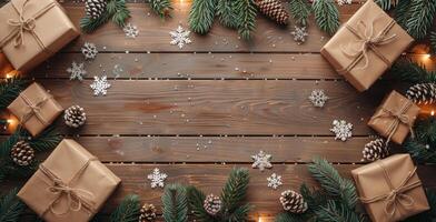 Wrapped Christmas Presents Surrounded by Pine Branches and Snow on a Wooden Tabletop photo