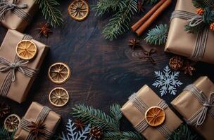 Rustic Brown Paper Wrapped Gifts Decorated With Dried Orange Slices, Cinnamon Sticks photo