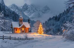 Illuminated Church and Christmas Tree in Snowy Mountain Valley at Twilight photo