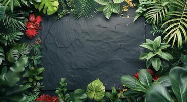 A Grey Slate Rock Surrounded by Vibrant Green and Yellow Plants photo