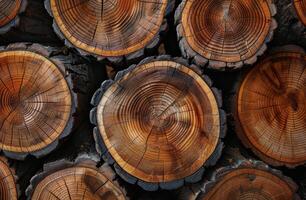 Close Up View of Stacked Tree Logs With Visible Growth Rings photo