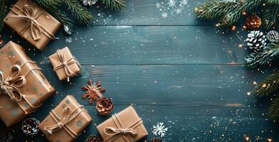 Wrapped Christmas Presents Surrounded by Pine Branches and Snow on a Wooden Tabletop photo