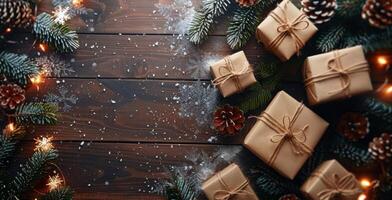 Wrapped Christmas Presents Surrounded by Pine Branches and Snow on a Wooden Tabletop photo