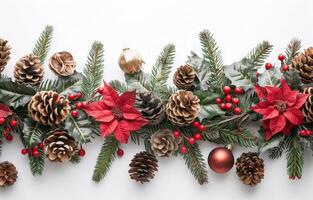 Festive Christmas Garland With Pine Cones, Holly, and Poinsettia on White Background photo