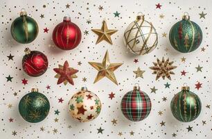 A Festive Arrangement of Christmas Ornaments in Red, Green, and Gold photo