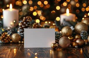 Festive Christmas Decorations With Burning Candle and Blank Card on Rustic Wooden Table photo