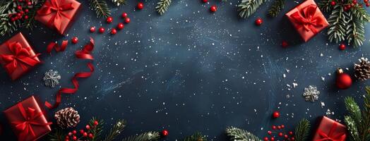 Snowy Blue Christmas Background With Gifts And Pine Branches photo