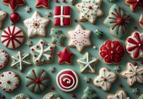 Decorated Christmas Cookies on Green Background photo