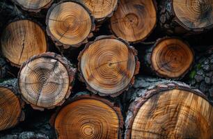 Closeup View of Stacked Logs With Visible Growth Rings photo
