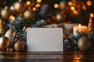 Festive Christmas Decorations With Burning Candle and Blank Card on Rustic Wooden Table photo