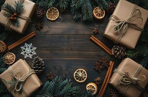 Rustic Brown Paper Wrapped Gifts Decorated With Dried Orange Slices, Cinnamon Sticks photo