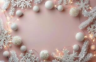 White Christmas Ornaments and Pine Cones on Blue Background photo