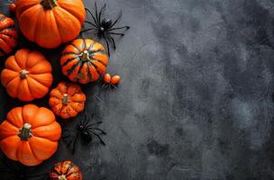 Orange Pumpkins, Fall Leaves, and Spiders on a Dark Gray Background photo