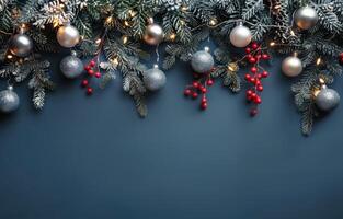 Silver Christmas Ornaments and Lights Hanging From Evergreen Branches on a Dark Blue Background photo
