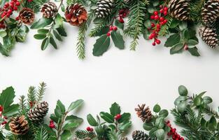 Festive Christmas Garland With Pine Cones, Holly, and Poinsettia on White Background photo