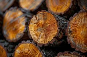 Close-Up View of Stacked Tree Trunk Cross Sections photo