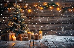 Decorated Christmas Tree With Presents and Candles in Snowy Setting photo