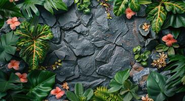 A Grey Slate Rock Surrounded by Vibrant Green and Yellow Plants photo
