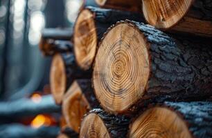 Closeup View of Stacked Logs With Visible Growth Rings photo