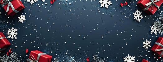 Festive Christmas Background With Red Presents, Snowflakes, and Pine Branches on Blue photo