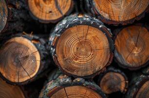 Close-Up View of Stacked Tree Trunk Cross Sections photo