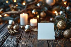 Blank White Card On Wooden Table With Christmas Decorations photo