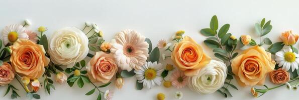 A Floral Arrangement of Yellow and Peach Flowers Against a White Background photo