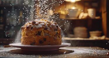 A Sliced Panettone Cake on a Silver Cake Stand in a Bakery Setting photo