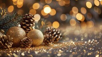 Golden Christmas Ornaments and Pine Cones With Bokeh Lights photo