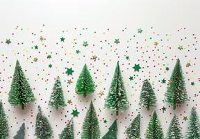 Small Green Christmas Trees and Colorful Stars on White Background photo