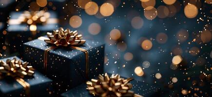 Blue Gift Boxes With Gold Bows and Glittering Lights photo