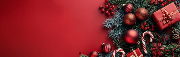 Red Christmas Decorations on a Red Background photo